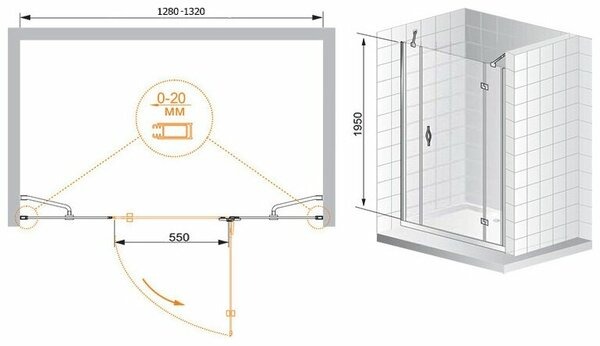 Душевая дверь (130х195) CEZARES BERGAMO BERGAMO-W-B-13-40+60/30-C-Cr-R